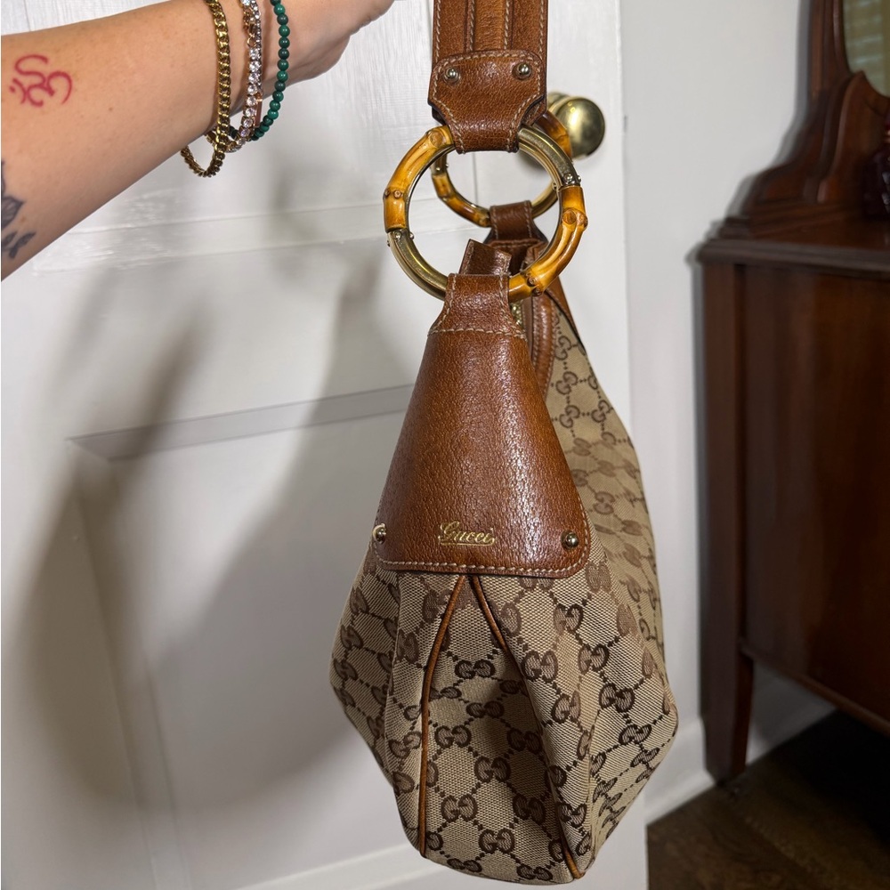Authentic Gucci Indy GG Canvas Bamboo Ring Hobo Bag Brown Leather - impeccable! - Picture 3 of 10
